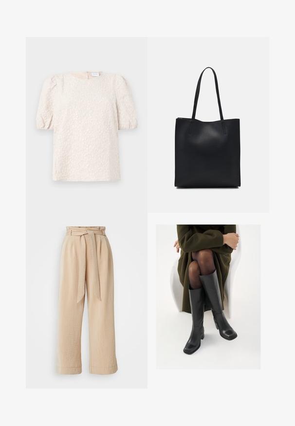 Bluse mit Puffärmeln in hellem Beige mit floralem Stickmuster. Hat einen runden Ausschnitt und einen dezenten Reißverschluss auf der Rückseite. Weiches, strukturiertes Material.; Beige weite Hosen mit einem Gurtbund, aus strukturiertem Stoff. Mit einem vorderen Faltenwurf und einem glatten Abschluss am Saum.; Knöchelhöhe schwarze Lederstiefel mit quadrater Spitze und Blockabsatz, gezeigt mit einem Modell, das einen olivgrünen Mantel trägt. Glatte Textur, minimale Details.; Schwarze Laptoptasche aus Leder mit glatter Textur, rechteckiger Form und zwei langen Griffen. Keine sichtbaren Beschläge oder Verzierungen.