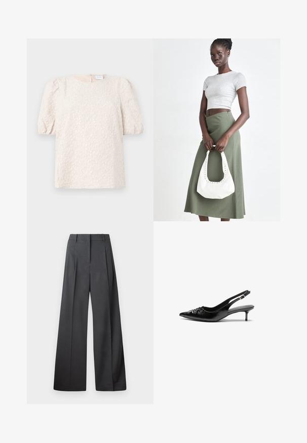 Kergelt beež puff-sleeve top lillemustriga. Omab ümmargust kaelust ja peent tagasitõmmatavat tõmblukk. Pehme, kergelt tekstureeritud kangas.; Tumesed püksid tumesinises kangas, kõrge vöökoht, üks voldik ning sile struktuur puhaste ääristega.; Musthave nahkased kõrged kontsad, millel on terav varvas, väike kitten-kont ja dekoratiivne sõlm ees. Ühtlane sile tekstuur.; Hallid hall pitsakene ja oliiviroheline kõrge vöökohtadega seelik. Mudel hoiab käes valget õlakotit, millel on lõikega detailid. Lihtne disain, vormiline siluett.