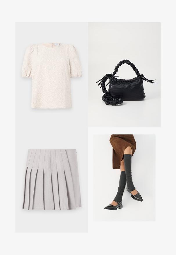 Puff-sleeve top in light beige with floral embroidery. Features a round neckline and a discreet back zip closure. Soft, textured fabric.; Gray pleated skirt with a smooth texture, featuring multiple vertical folds and a fitted waistline. Made from lightweight fabric.; Black patent leather pointed-toe shoes with a block heel and ankle strap, paired with gray ribbed leg warmers and a brown suede skirt.; Black faux leather handbag with a crocodile texture, cinched top, and a scrunched strap. Appears soft and compact in design.