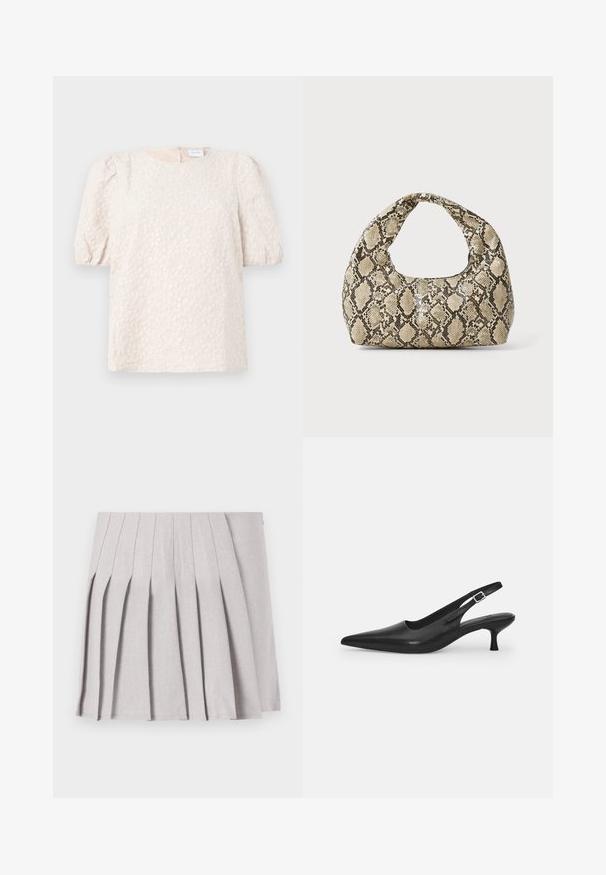 Majica s puf rukavima v svetlo bež barvi z rožnato vezenino. Ima okroglo izrez in diskreten zadrgo na hrbtu. Mehka, teksturirana tkanina.; Siva plisirana krila z gladko teksturo, ki ima več navpičnih gub in prilegajoč pas. Narejena iz lahkega materiala.; Črne usnjene sandale z odprtim peto in konično oblikovanim prstom ter ozkim, ukrivljenim petnim delom. Imajo diskretno nastavljivo zaponko z kovinsko sponko.; Torba z vzorom kače s ukrivljenim ročajem. Narejena iz teksturiranih, bež in rjavih materialov, ki imajo značilen diamante vzorec.