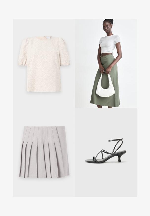 Blouse met pofmouwen in licht beige met bloemige borduursels. Heeft een ronde halslijn en een discrete ritssluiting aan de achterkant. Zachte, gestructureerde stof.; Grijze geplooide rok met een soepele textuur, voorzien van meerdere verticale plooien en een aansluitende taille. Gemaakt van lichte stof.; Zwarte hoge hakken sandalen met dunne banden, open teen ontwerp en een kleine, uitlopende hak. Het materiaal lijkt glad en glanzend.; Grijs geribbelde crop top en olijfgroene hoge taille rok. Model houdt een witte schoudertas met uitsparingen vast. Eenvoudig ontwerp, aansluitende silhouet.