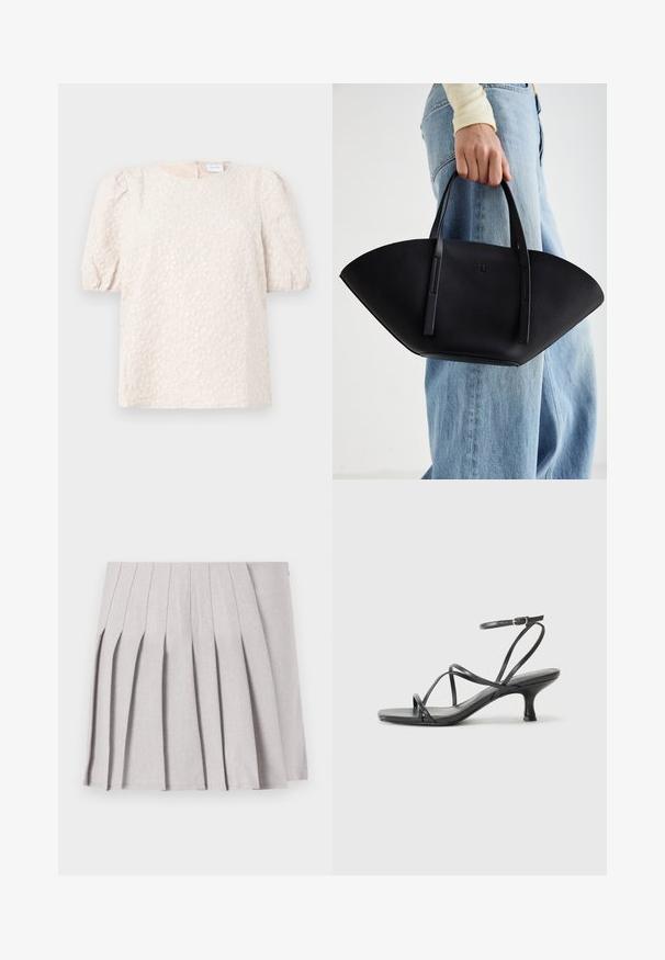 Puff-sleeve top in light beige with floral embroidery. Features a round neckline and a discreet back zip closure. Soft, textured fabric.; Gray pleated skirt with a smooth texture, featuring multiple vertical folds and a fitted waistline. Made from lightweight fabric.; Black heeled sandals with thin straps, open toe design, and a small, flared heel. The material appears smooth and glossy.; Black leather handbag with a unique fan shape, featuring flat handles. The surface has a pebbled texture and a minimalistic design.