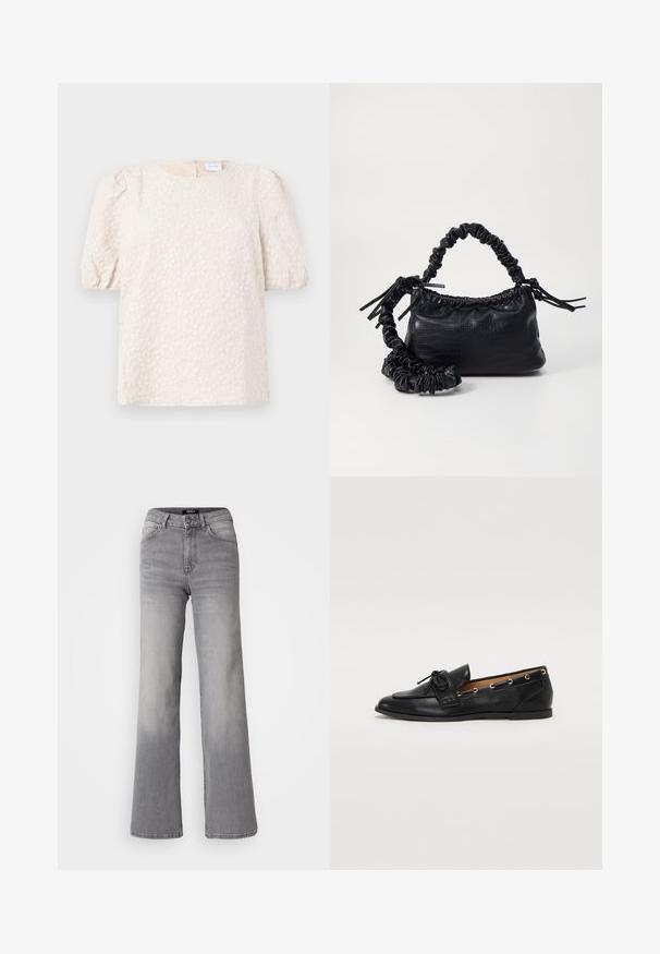 Top cu mâneci bufante în bej deschis, cu broderie florală. Are un decolteu rotund și un fermoar ascuns la spate. Material moale, texturat.; Jeans din denim gri, cu talie înaltă și croială dreaptă, cu fermoar și nasture frontal, buzunare frontale și spate, și nuanțe estompate pe coapse și gambe.; Mocasini din piele neagră cu fundiță legată, având accente aurii sub formă de ochiuri pe laterale și o talpă plată din cauciuc. Textură netedă, design clasic.; Geantă din faux leather neagră cu textură de crocodil, cu partea superioară strânsă și o curea mototolită. Pare moale și compactă ca design.