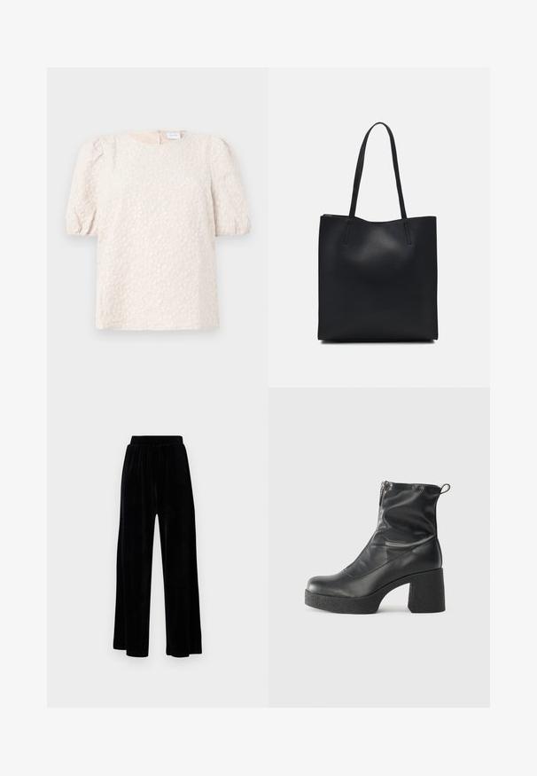 Halenka s puffovými rukávy v světle béžové barvě s květinovou výšivkou. Obsahuje kulatý výstřih a diskrétní zip na zadní straně. Měkká, texturovaná látka.; Černé kalhoty širokého střihu vyrobené z měkkého sametu, s elastickým pasem a hladkým povrchem, bez viditelných detailů nebo vzorů.; Černé kotníkové boty vyrobené z hladké kůže, s bočním zipem, robustním strukturovaným podpatkem a kulatou špičkou.; Černá kožená taška přes rameno s hladkým povrchem, obdélníkovým tvarem a dvěma dlouhými uchy. Žádné viditelné kování ani ozdoby.