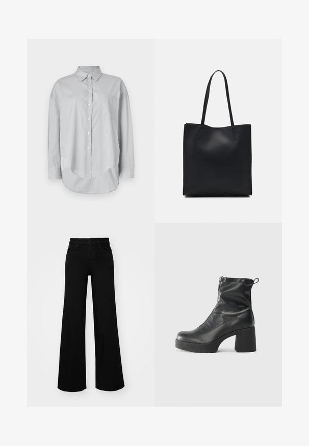 Világosszürke, gombos ing sima anyagból. Finom függőleges csíkokkal, mellzsebbel és ívelt hemeléssel rendelkezik. Hosszú ujjú.; Fekete, bő szárú farmernadrág, amelynek állítható derékrésze van, övhurkokkal és elülső zsebekkel. Simaság jellemzi, klasszikus dizájnnal.; Fekete bokacsizmák sima bőrből, oldalsó cipzárral, vastag, texturált sarkú és lekerekített orrú dizájnnal.; Fekete bőrtáska sima felszínnel, téglalap alakú, két hosszú füllel. Nincs látható fémkiegészítő vagy díszítés.