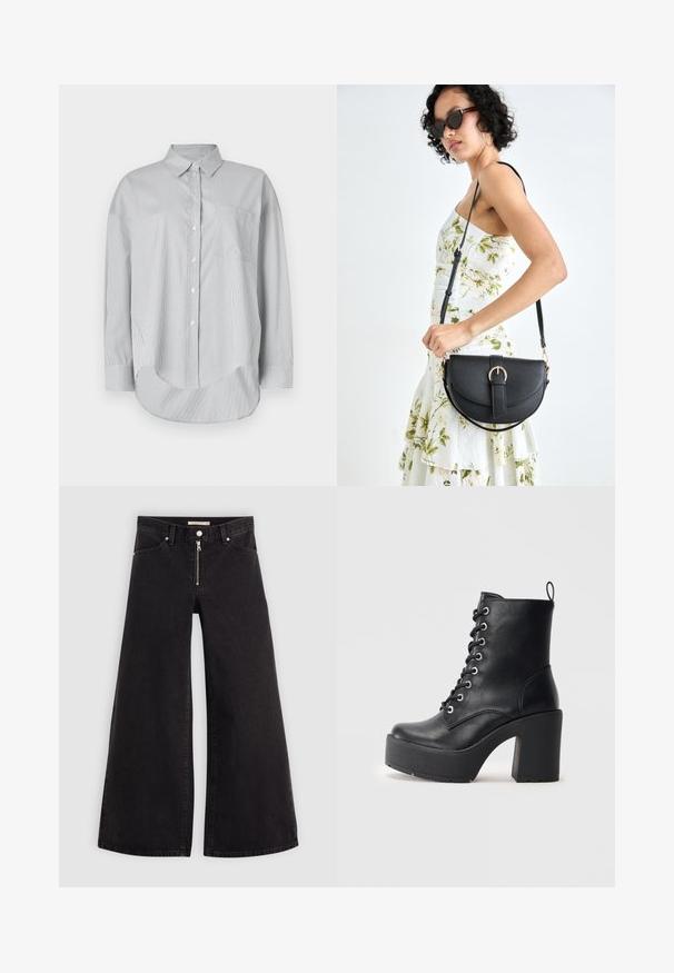 Lys grå knap-op skjorte lavet af et glat stof. Har tynde lodrette striber, en brystlomme og en buet kant. Lange ærmer.; Vide ben jeans i sort denim med lynlås foran, fem lomme-design og subtile stikninger. Glat tekstur og afslappet stil.; Sort læder ankelstøvle med en kraftig blokhæl, snørebånd foran og struktureret overflade. Har en flap på bagsiden for nem påtagning.; Sort læderhåndtaske med en buet form, aftagelig rem og guldfinish. Tasken har en klap med en spænde detalje.