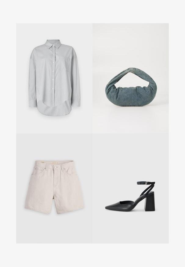 Light gray button-up shirt made from a smooth fabric. Features thin vertical stripes, a chest pocket, and a curved hem. Long sleeves.; High-waisted beige denim shorts with a buttoned front, belt loops, and five-pocket design; lightweight with a smooth texture.; Black leather pointy-toe pump with an ankle strap and a chunky heel. Flat texture, sleek design, and minimalistic aesthetics.; Blue denim bag with a padded, rounded shape and a curved handle. The texture is soft, featuring visible stitching and a smooth finish.