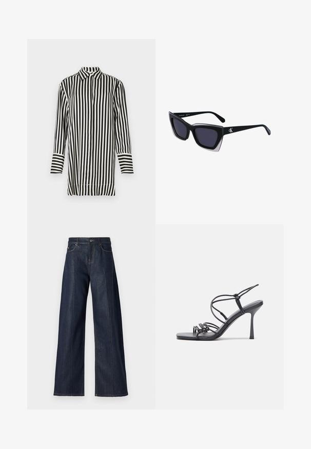 Sort og hvid stribet skjorte med spids krave, lange ærmer og knaplukning foran. Har skiftende brede og smalle striber.; Bredde blå denimbukser med en glat tekstur, der har fem lommer, en knap og kontrasterende syninger langs sømmene.; Sorte højhælede sandaler med tynde stropper og en knyttet design, en glat firkantet tå og en slank stiletto hæl.; Store sorte oversized solbriller med geometrisk form, med mørke linser og en kontrasterende grå detalje på stellet. Logo på armen.