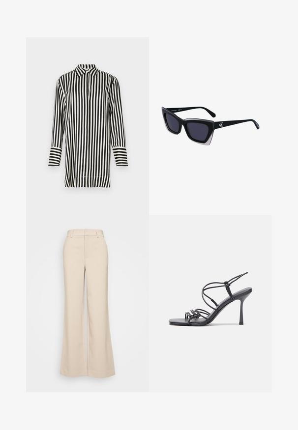 Camicetta a righe bianco e nero con colletto a punta, maniche lunghe e chiusura frontale con bottoni. Presenta righe alternate larghe e strette.; Pantaloni beige a gamba larga con una texture liscia, caratterizzati da una vita alta e due tasche frontali. Design pulito con una vestibilità sartoriale.; Sandali neri con tacco alto presentano sottili cinturini con design annodato, una punta quadrata liscia e un elegante tacco a spillo.; Occhiali da sole oversize neri dalla forma geometrica, con lenti scure e un dettaglio grigio a contrasto sulla montatura. Logo sul braccio.; Orecchini a cerchio in argento con una finitura liscia e lucente. Forma arrotondata, design leggero, con chiusura a perno.