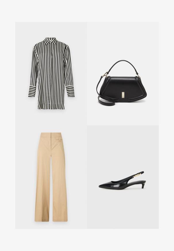 Cămașă cu dungi alb-negru, cu guler ascuțit, mâneci lungi și închidere cu nasturi. Prezintă dungi alternante late și înguste.; Pantaloni bej cu croi larg, dintr-un amestec de bumbac. Au o textură netedă, talie elastică și un detaliu cu buton lateral.; Sandale slingback din piele neagră cu vârf ascuțit, având un toc subțire și un accent de culoare aurie pe curea ajustabilă. Textură netedă.; Geantă de umăr din piele neagră, cu un design structurat, având o formă tăiată, mânere superioare și accente din aur. Include o curea de umăr ajustabilă.