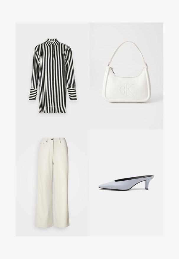Camicetta a righe bianco e nero con colletto a punta, maniche lunghe e chiusura frontale con bottoni. Presenta righe alternate larghe e strette.; Pantaloni a gamba larga color crema realizzati in tessuto morbido. Presentano una vita medio alta, zip anteriore e due tasche frontali con dettagli in metallo nero.; Mule in pelle lucida blu chiaro con punta affusolata, tacco trasparente basso e design elegante caratterizzato da un'apertura sulla parte superiore.; Borsa a tracolla in pelle bianca con forma curva, dotata di un logo "CK" impresso sul davanti e una singola tracolla. Chiusura a zip nella parte superiore.