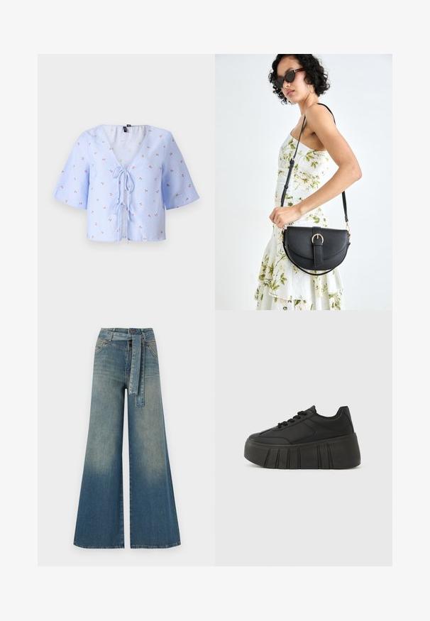 Blå- och vitrandig kortärmad blus med vida ärmar, V-ringning och snörning framtill. Har små blommönster i röd och grön.; Breda denimbyxor med en ljus till mörkblå gradient, hög midja, bälteshällor och ett matchande tygbälte. Texturerad denimfinish.; Svarta platåsneakers med en slät syntetisk ovandel, rundad tå, snörning och en tjock, räfflad sula för extra höjd.; Svart läderhandväska med en böjd form, avtagbar rem och guldiga detaljer. Väskan har ett lock med en spänndetalj.
