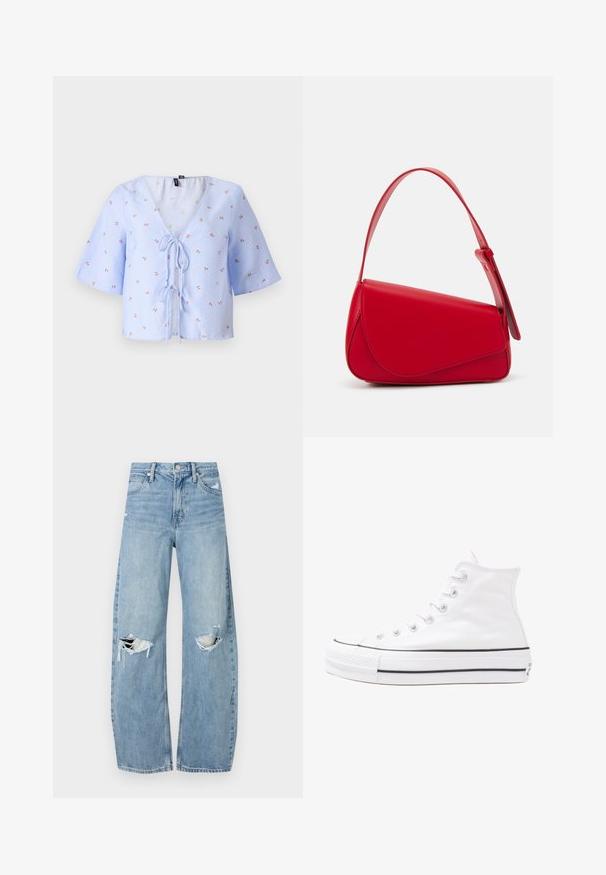 Modra in bela prugasta skrajšana bluzica z širokimi rokavi, V-izrezom in vrvico spredaj. Ima majhno cvetlično vezenje v rdeči in zeleni barvi.; Svijetloplave traperice visoki struk. Imaju široke nogavice, dva poderana područja na koljenima i klasičan petotoksi stil.; Beli visoki platneni športni čevelj z črnim gumijastim podplatom, sprednjim gumijastim zaščitnikom za prste in šestimi luknjicami za vezalke, ki se ponaša s preprostim, minimalističnim dizajnom.; Rdeča usnjena torba z angularnim, geometrijskim dizajnom. Ima en samostoječ nastavljiv ročaj in pokrov, zaprt z zapiranjem, ki je okrašen s šivi.