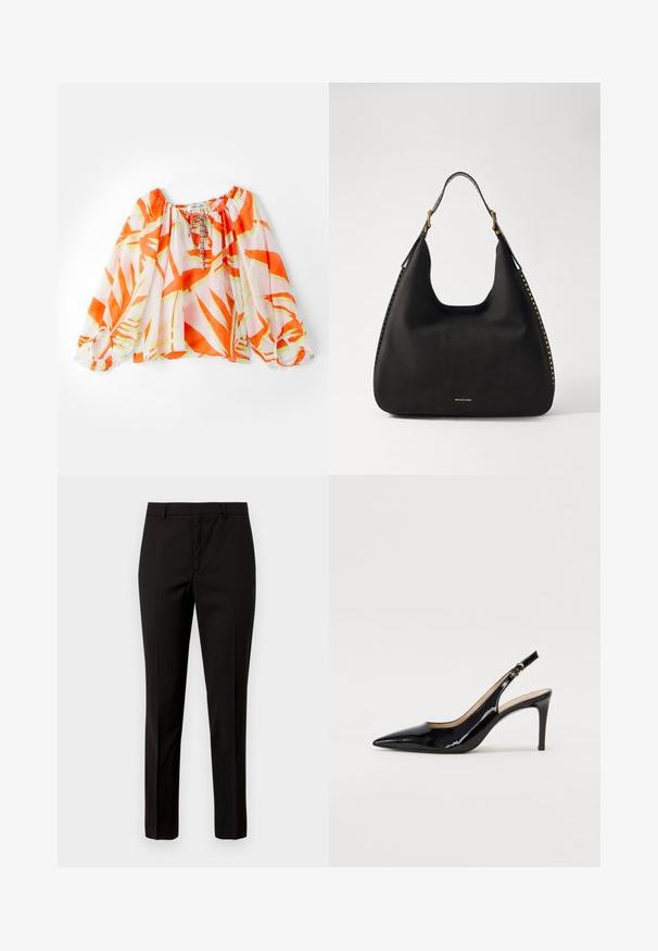 Blouse légère, décolletée, avec un motif de feuilles tropicales orange et vert, des poignets élastiqués et un col à cordon. Texture de tissu douce.; Pantalons noirs ajustés avec une coupe droite, fabriqués en tissu lisse, dotés d'une taille plate et de passants de ceinture. Aucun motif ni accent visible.; Pompe slingback en cuir verni noir avec un bout pointu, un talon fin et un design de découpes subtil. Elle dispose d'une boucle dorée sur la sangle.; MICHAEL Michael Kors NOLITA HOBO  - Sac à main - black