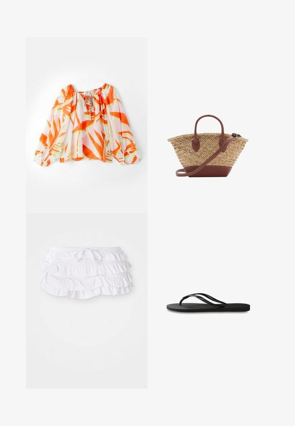 Lagana bluzica bez naramenica s tropskim uzorkom narančastih i zelenih listova, elastičnim manžetama i vezicom oko vrata. Mekana tekstura tkanine.; Bijela kupaonska suknja s nabranim rubovima i višeslojnim dizajnom, koja se može prilagoditi zahvaljujući kabelu u struku. Mekani materijal s glatkom teksturom.; Crne japanke s teksturiranom gumenenom potplatom, dva uska remena i suptilnim, urezanim logom na remenu.; Woven straw basket torba s smešnim kožnim detaljima, dva ručka i odvojivim remenom. Savijen oblik s čvrstim dnom.