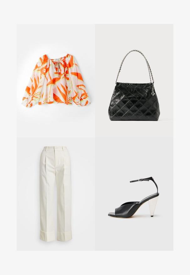 Lightweight, off-the-shoulder blouse with orange and green tropical leaf pattern, elasticated cuffs, and drawstring neckline. Soft fabric texture.; White tailored pants featuring a high waist, double front pleats, and wide legs with folded cuffs. Made from a smooth, textured fabric.; Black leather high heel sandal with open toe, asymmetrical design, ankle strap, and a metallic cone-shaped heel. Smooth texture throughout.; Black quilted leather handbag with a silver chain handle, featuring a structured design and smooth texture.