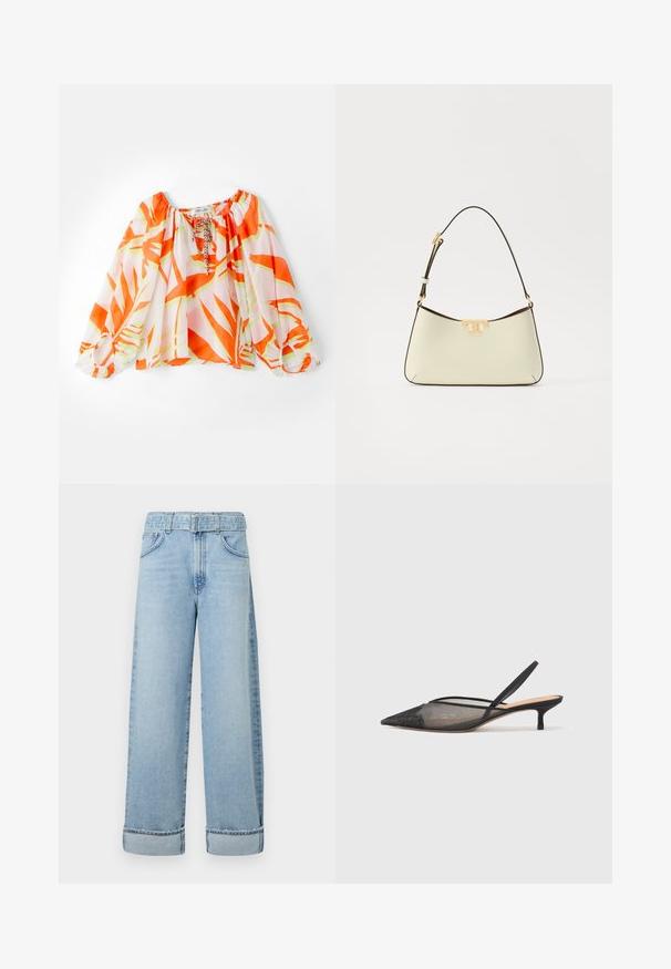 Kerged, õlapiirkonnast vaba pluus oranži ja rohelise troopiliste lehtede mustriga, elastsete mansettidega ja nööriga kaeluses. Pehme kangast tekstuur.; Kerged sinised lõdvad teksad, mis on valmistatud denimist, kõrge vöökoht, vööaasad, viis taskut ja volditud äär.; NEOUS IRENA - Klassikalised kontsakingad - black; Kreemivärviline nahast käekott, millel on kõver kuju. Kaunistab kuldse tooni logoaktsent ning õhuke, reguleeritav tume rihm.