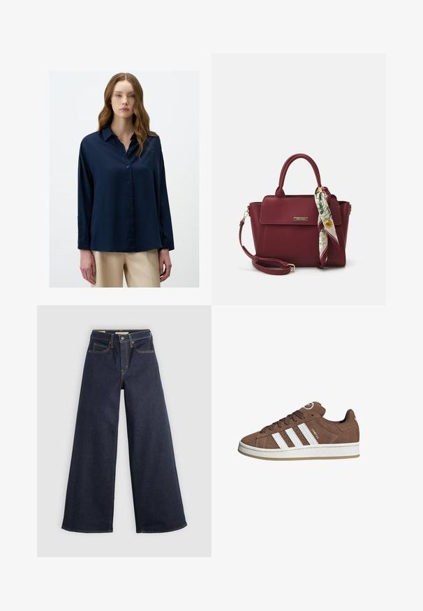 Navy blue button-up shirt with a collar, long sleeves, and a smooth, shiny fabric. Features a relaxed fit and minimalistic design.; Wide-leg denim jeans in dark blue with contrast stitching. Features traditional five-pocket design and a button closure at the waist.; Brown suede sneakers with white leather stripes, rubber sole, rounded toe, and lace-up front. Features a logo on the tongue and perforated accents.; Burgundy handbag made of synthetic material with a structured design, featuring a detachable strap and a floral-patterned scarf tied to the handle.