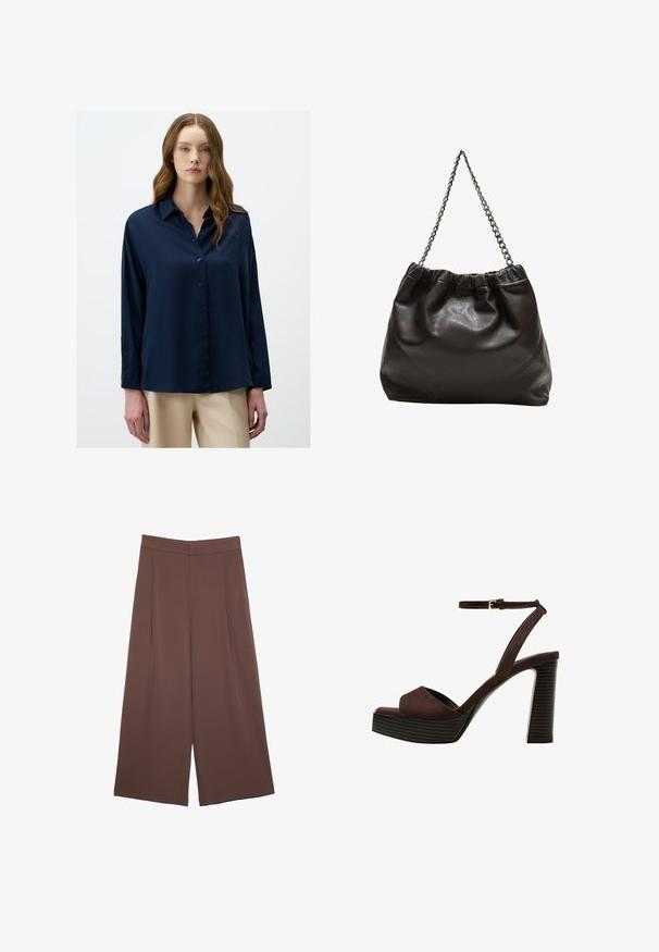 Chemise boutonnée bleu marine avec un col, des manches longues et un tissu lisse et brillant. Présente une coupe décontractée et un design minimaliste.; Pantalons larges marron avec une texture lisse, dotés d'une taille haute et de plis à l'avant. Le tissu est léger et tombe de manière fluide.; Sandale à talons hauts en suede marron avec un bout ouvert, une bride de cheville réglable et une semelle de plateforme rayée.; Sac en cuir marron avec un haut froncé et une bandoulière en chaîne. Texture lisse avec une finition brillante et des coutures subtiles sur les côtés.