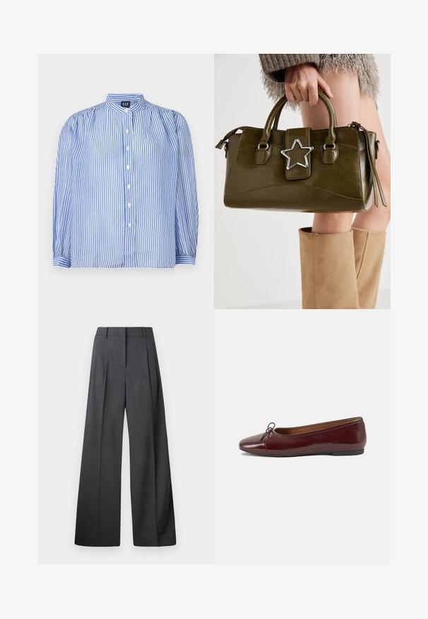 Camisa de botão riscada com riscas verticais azuis e brancas, colarinho tipo banda, mangas longas bufantes e cinco botões à frente. Tecido texturizado.; Calças de perna larga em tecido cinza escuro, apresentando uma cintura alta, pregas simples e uma textura suave com um acabamento limpo nas bainhas.; Bailarinas em couro sintético borgonha com bico redondo, pequeno laço na frente e sola baixa em borracha preta. Textura suave.; Bolsa de mão em pele sintética verde oliva com detalhe de estrela prateada, alças duplas e fecho com zip. Superfície texturizada e forma estruturada.