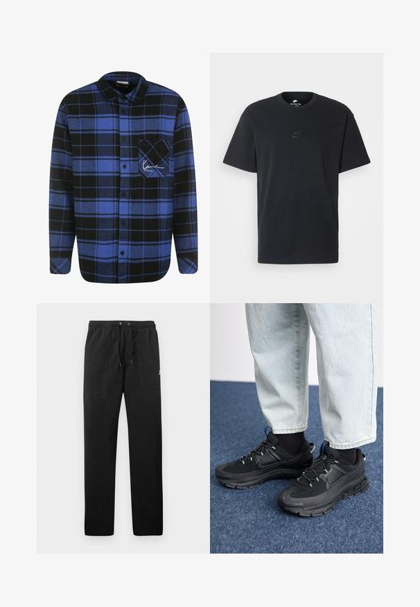 Karl Kani TRIKOT VARSITY STRIPED BASEBALL - Vapaa-ajan kauluspaita - sand/off white/anthracite; Nike musta musta T-paita, jossa on klassinen pyöreä kaula-aukko, lyhyet etkä hihat sekä hillitty, kohopainettu logo rinnassa. Silkkinen rakenne.; Mustat collegehousut, jotka on valmistettu fleece-materiaalista ja joissa on joustava vyötärö, jossa on kiristysnyörit, kaksi etutaskua ja pieni logo reidessä.; Mustat urheilukengät, joissa on teksturoitu kangas ja kumipohjat, elastiset nauhat ja sininen yksityiskohta kannassa. Yhdistetty vaaleisiin farkkuihin.