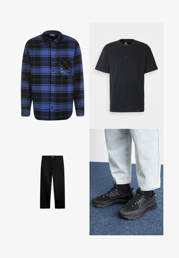 Karl Kani TRIKOT VARSITY D BASEBALL niebieski; Czarny bawełniany t-shirt Nike z klasycznym okrągłym dekoltem, krótkimi rękawami oraz subtelnym, wytłoczonym logo na piersi. Gładka tekstura.; Czarne bawełniane spodnie o prostym kroju, z zamkiem błyskawicznym i kieszeniami z przodu. Gładka faktura, brak widocznych wzorów i minimalna ilość elementów metalowych.; Czarne buty sportowe z teksturowanej tkaniny i gumowymi podeszwami, z elastycznymi sznurówkami i niebieskim akcentem na pięcie. Noszone z jasnymi dżinsami.