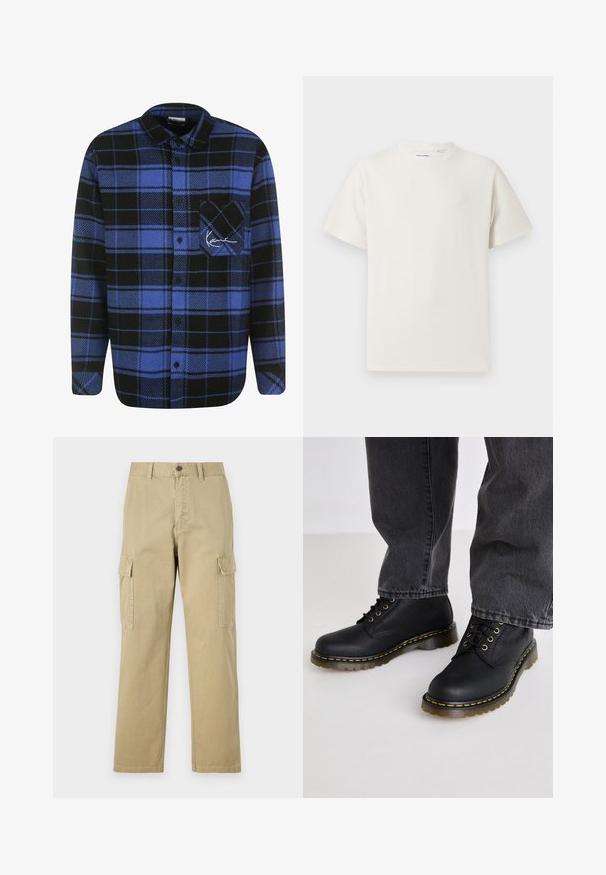 Karl Kani TRIKOT VARSITY D BASEBALL niebieski; Biała krótka koszulka z krótkim rękawem o żebrowanej fakturze. Okrągły dekolt, luźny krój, brak widocznych wzorów lub akcentów. Prosty i uniwersalny design.; Beżowe spodnie cargo wykonane z bawełny, z dwoma bocznymi kieszeniami, z zapięciem na guzik oraz prostymi nogawkami z lekko teksturowanej tkaniny.; Czarne skórzane bootsy za kostkę z teksturowanym wykończeniem, grubą gumową podeszwą i żółtymi przeszyciami, zestawione z szarymi dżinsami.