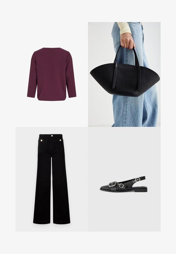 Temno vijoličasta majica z dolgimi rokavi in okroglim izrezom, gladke teksture in sproščenega kroja. Ima ravno rez z bočnimi razpetji na robu.; Črne široke kavbojke iz denima, z visokim pasom, dvema sprednjima žepoma in zlatimi kovinskimi detajli. Gladka tekstura, širok kroj.; Črne usnjene slingback čevlje s koničastim nosom, dvema srebrnima zaponkama in nizkim blokastim peto. Imajo teksturirano zgornji del in odprto zadnjo stran.; Črna usnjena torbica z edinstveno obliko ventilatorja, z ravnimi ročaji. Površina ima teksturo z drobnimi kamni in minimalističen dizajn.