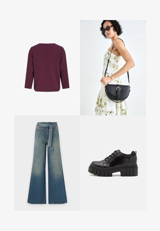 Dyp lilla langermet topp med rund hals, glatt tekstur og avslappet passform. Har en rett kutt med sideskår i kanten.; Bredde ben jeans med en lyseblå til mørkeblå gradient, høyt liv, beltehemper og et matchende belte i samme stoff. Teksturert denimoverflate.; Svarte lærplattformsko med kraftig blokkhell, rund tå og tradisjonell snøring. Har en jevn tekstur og minimal detaljering.; Svart lærveske med en buet form, avtagbar stropp og gullbeslag. Vesken har et klaff med spenne-detall.