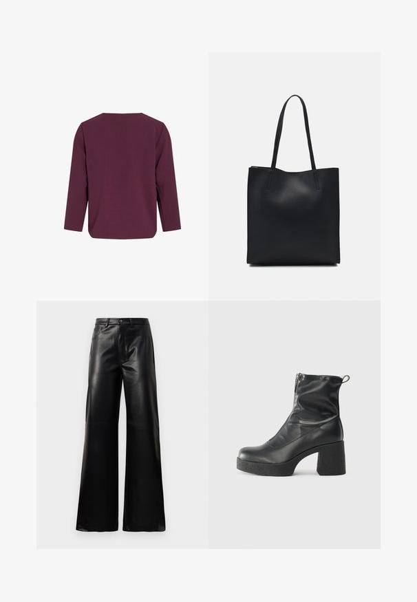 Maglietta lunga viola scuro con collo rotondo, texture liscia e vestibilità rilassata. Presenta un taglio dritto con spacchi laterali all'orlo.; Pantaloni ampi a vita alta in ecopelle neri con bottone frontale, chiusura con zip, passanti per cintura e tasche laterali su sfondo bianco.; Stivali neri alla caviglia in pelle liscia, con zip laterale, tacco spesso e texture, e punta arrotondata.; Borsa tote in pelle nera con texture liscia, forma rettangolare e due manici lunghi. Nessun hardware o decorazione visibile.