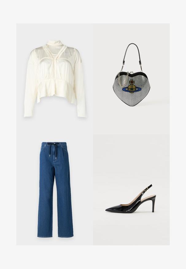 Rövidített krémszínű blúz hosszú ujjakkal, magas nyakkal, redőzött részletekkel a mellkasnál és sima, texturált anyaggal.; Széles lábú sötétkék farmernadrág, húzózsinóros derékrésszel és elülső zsebekkel. Az anyag sima textúrájú, finom varrási részletekkel.; Fekete lakk bőr kötött magassarkú cipő, hegyes orral és karcsú sarokkal, finom kivágásos dizájnnal. Az övön arany csatt található.; Szív alakú, hálós táska fényes fémes felülettel, kék, sárga és piros macska- és bolygó mintával. Fém lánc pántot tartalmaz.