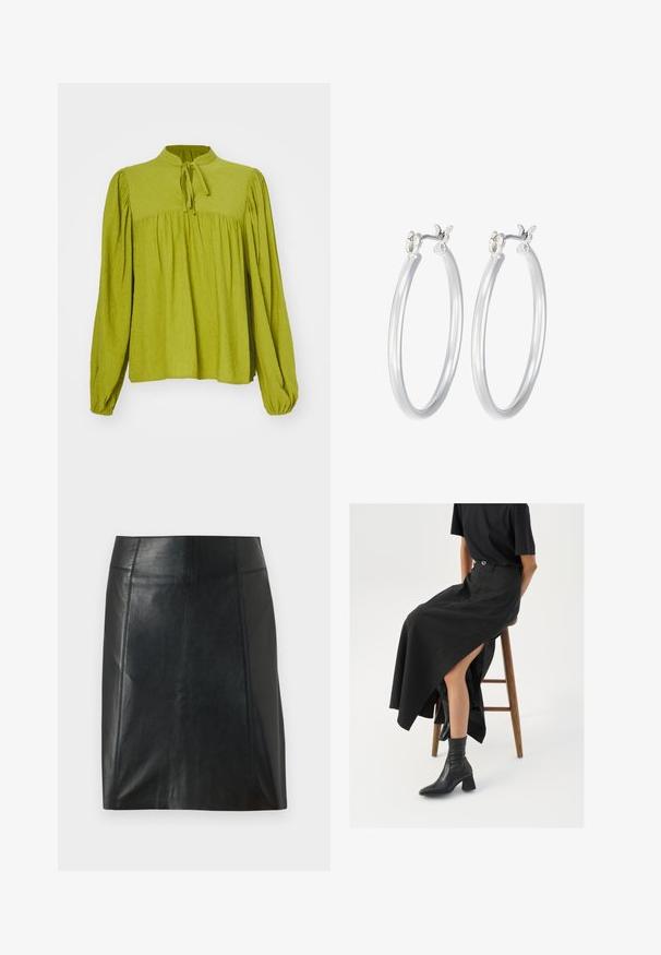 Blusa verde a maniche lunghe con collo alto e dettaglio a fiocco. Tessuto testurizzato con un fit morbido e arricciato e polsini elasticizzati.; Gonna in pelle nera con un design aderente. Texture liscia, cuciture che delineano la forma e orlo dritto. Aspetto minimalista e slanciato.; Gonna maxi in lino nera con uno spacco alto, indossata con una t-shirt nera e stivaletti neri. Design minimalista con una vestibilità rilassata.; Orecchini a cerchio in argento con una finitura liscia e lucida. Forma rotonda e chiusura a scatto sicura. Design leggero adatto per l'uso quotidiano.