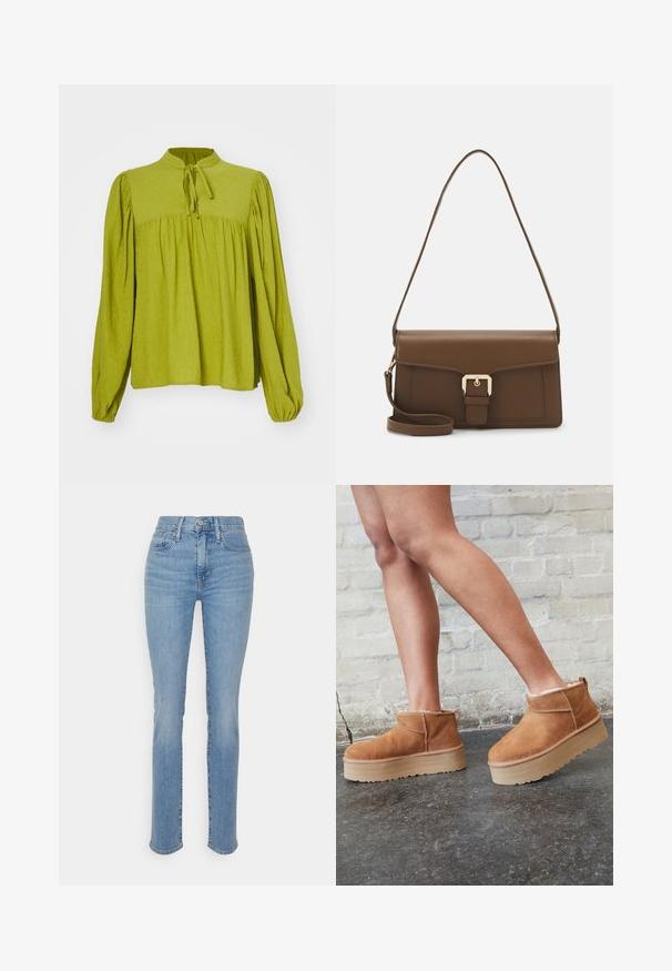 Zelená blůza s dlouhými rukávy a vysokým límcem s detailem na zavazování. Texturovaná látka s nabíraným, volným střihem a elastickými manžetami.; Světle modré denimové džíny se střihem rovného nohavice, vysokým pasem a klasickým designem pěti kapes. Obsahují přední zip a zapínání na knoflík.; Hnědé semišové kotníkové boty s měkkou podšívkou, silnou béžovou platformou a zadním poutkem. Texturovaný povrch s viditelnými švy.; Hnědá kožená kabelka obdélníkového tvaru s přední klopou, zlatými kovovými prvky a dlouhým nastavitelním popruhem.