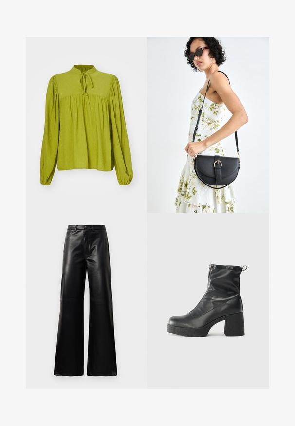 Žalia, ilgarankovė bluzonė su aukštu kaklu ir raiščio detale. Tekstūruota medžiaga, su surinktu, laisvu prigludimu ir elastinėmis rankovėmis.; Juodos aukšto juosmens plačios kojų dirbtinės odos kelnės su priekiniais mygtukais, užtrauktuku, diržo kilpomis ir šoninėmis kišenėmis ant balto fono.; Juodos kulkšninių botai, pagaminti iš lygaus odos, su šoniniu užtrauktuku, masyviu tekstūruotu kulnu ir apvaliu pirštu.; Juodas odinis krepšys su išlenkta forma, nuimamu dirželiu ir auksiniais detalėmis. Krepšys turi kilpą su sagtimi.