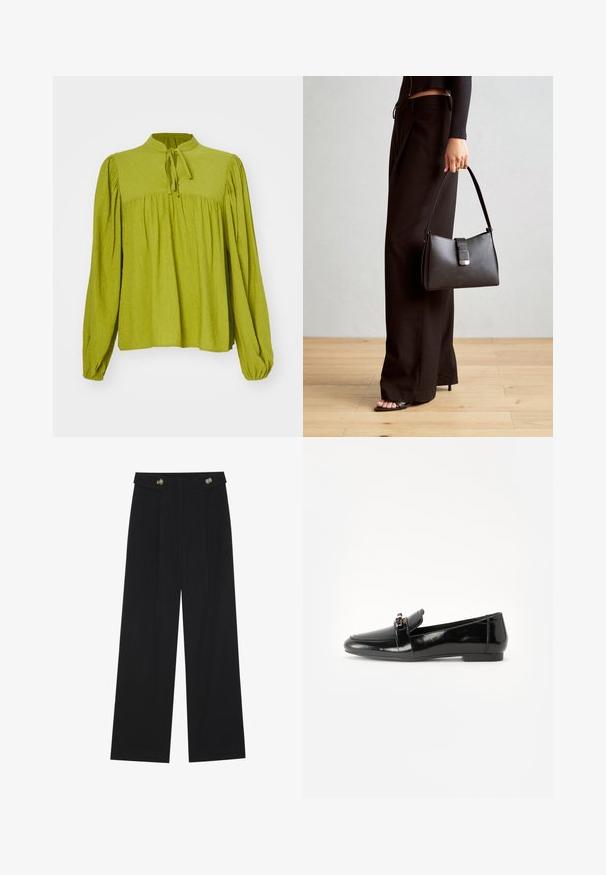 Blouse verte à manches longues avec un col haut et un détail à nouer. Tissu texturé avec un fit ample et froncé, et des poignets élastiques.; Pantalons larges noirs à taille haute, avec des détails de boutons à la taille et des plis sur le devant.; Loafer en cuir verni noir avec une semelle plate, un bout arrondi et une sangle décorative agrémentée d'un accent doré. Fini lisse et brillant.; Sac à main noir à la forme structurée, texture lisse et fermoir métallique. Associé à un pantalon noir ample et des sandales ouvertes sur un sol en bois.