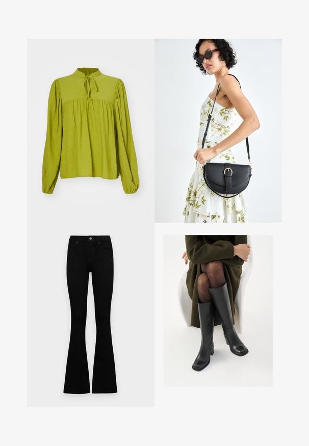 Green, long-sleeved blouse with a high neck and a tie detail. Textured fabric with a gathered, loose fit and elastic cuffs.; Black high-waist jeans with a button and zip closure, front pockets, and flared legs laid flat on a white background.; Knee-high black leather boots with a squared toe and block heel, shown with a model seated in an olive green coat. Smooth texture, minimal detailing.; Black leather handbag with a curved shape, detachable strap, and gold hardware. The bag features a flap with a buckle detail.
