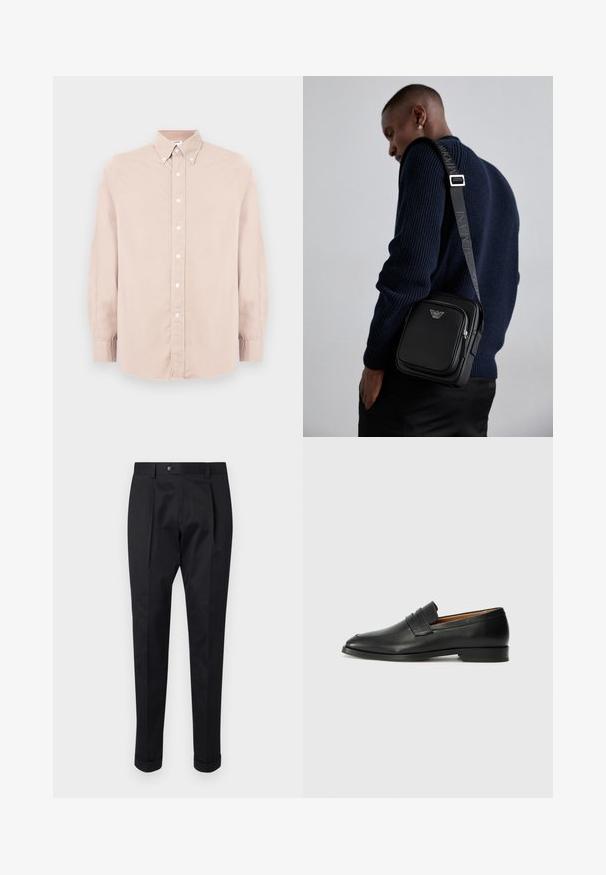 Lys rosa skjorte med lange ermer, krage og hvite knapper. Laget av glatt stoff med en vanlig passform.; Sorte bukser laget av et glatt stoff, med en fold foran, knappelukking, og oppbrettede mansjetter ved ankelen.; Svart skinnloafer med rund tå, subtilt sydd detaljering og lav hæl, med en glatt tekstur og minimalistisk design.; Svart lær crossbody-veske med en glidelåslomme, logo-detalj og justerbar rem med merke. Båret mot en teksturert marineblå genser.
