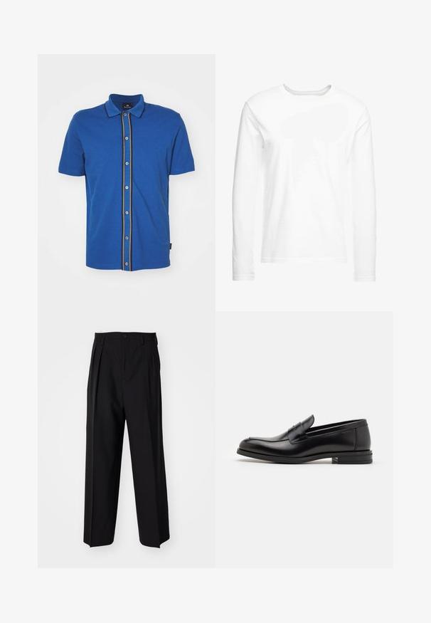 PS Paul Smith BUTTON FRONT - Camicia - blue; T-shirt bianca a maniche lunghe realizzata in morbido cotone. Collo a girocollo con orli dritti e senza motivi o grafiche visibili.; Pantaloni neri a pieghe con un design dritto e gamba larga. Realizzati in tessuto morbido, con chiusura a bottone e passanti per cintura.; Mocassini neri in pelle con una texture liscia, punta arrotondata e una striscia decorativa sulla tomaia. Tacco basso impilato, design minimalista.