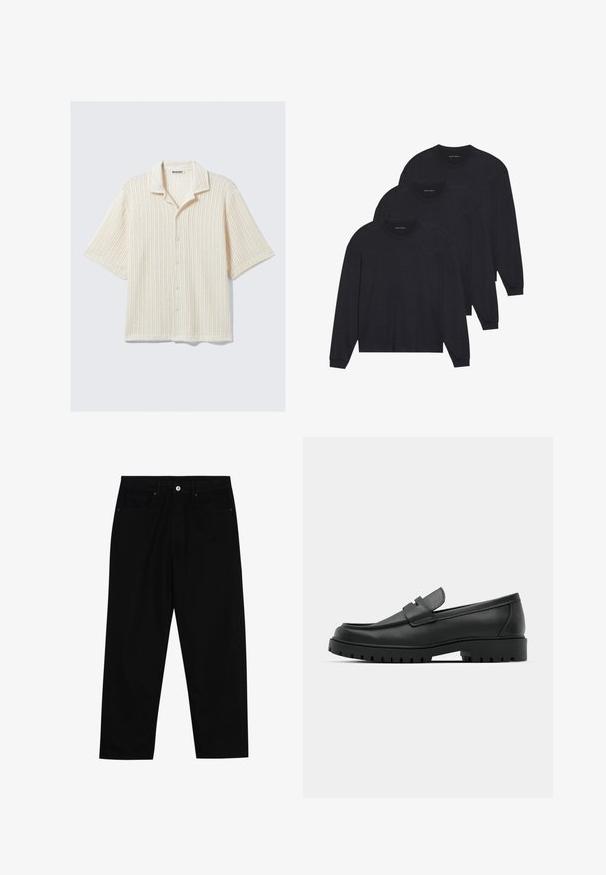 Chemise à manches courtes boutonnée en crème avec une texture côtelée. Équipée d'un col rond et de cinq boutons à l'avant. Design décontracté.; Trois chemises à manches longues noires, en tissu doux, avec des encolures rondes et des poignets ajustés. Design minimaliste sans motifs visibles.; Pantalons en denim noir avec une coupe droite, un design à cinq poches et une fermeture à bouton à l'avant. Texture lisse avec des détails de couture minimaux.; Mocassins en cuir noir à bout arrondi, avec un design cousu, une semelle plateforme basse et une semelle en caoutchouc texturée et crantée.