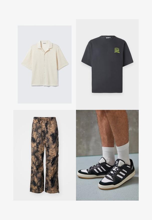 Korte mouwen overhemd in crème met een geribbelde textuur. Heeft een opgerold kraag en vijf knopen aan de voorkant. Casual ontwerp.; Koolgrijze Adidas T-shirt met korte mouwen en een kleine neon groene graphic van luidsprekers, zon en het Adidas-logo op de linkerkant van de borst.; Bruine en zwarte tie-dye broek met een wijde pijp, elastische tailleband en trekkoord. Heeft voorzakken en een textuurstof.; Zwart-witte sneakers met een bovenwerk van suede en leer, voorzien van drie witte strepen, een geperforeerde neus en een rubberen gumzool.