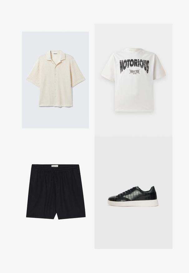 Krátký rukáv, košile na knoflíky v krémové barvě s žebrovanou texturou. Obsahuje sklopený límeček a pět předních knoflíků. Neformální design.; Bílý bavlněný tričko s krátkým rukávem, které obsahuje výrazný černý grafický text "NOTORIOUS" a design "WORLD TOUR 1990" níže v opotřebovaném tisku.; Černé šortky s elastickým pasem a šňůrkou, s hladkým povrchem a rovným střihem, vhodné pro každodenní nošení.; Černé tenisky s texturovaným vrškem z kůže s embosovaným hadím vzorem, kulatou špičkou a kontrastní bílou gumovou podrážkou s hladkým povrchem.
