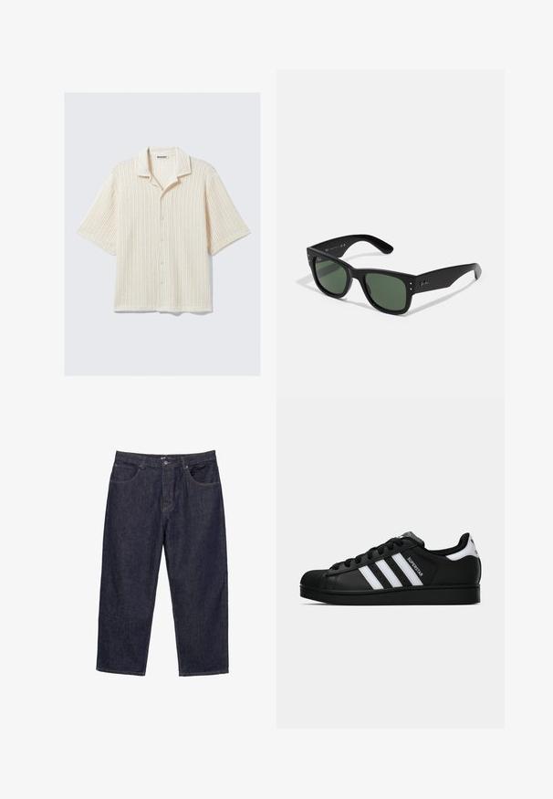 Rövid ujjú, gombos ing krémszínben, bordázott textúrával. Hajtott gallérral és öt elülső gombbal rendelkezik. Hétköznapi megjelenés.; Sötétkék egyenes szárú farmernadrág elöl gombbal és cipzárral, valamint öt zsebbel, fehér háttér előtt bemutatva.; Fekete Adidas Superstar sportcipő fehér csíkokkal, kagyló orral és "Superstar" felirattal az oldalán, oldalról bemutatva, fehér háttér előtt.; Fekete téglalap alakú napszemüveg zöld lencsékkel, matt felülettel, diszkrét fém részletekkel és dombornyomott logóval a halántékon.