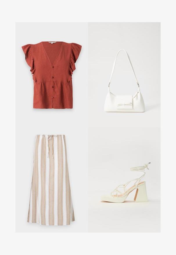 Rudos spalvos bliuska, pagaminta iš tekstūruoto audinio, su V formos iškirpte, raukiniais ant rankovių ir mygtukų uždarymu priekyje.; Dryžuota sijonas balta ir šviesiai ruda, su raukšlėja juosmeniu ir ilga, laisvai krentanti forma. Pagaminta iš lengvos medžiagos, su laisvu iškirpimu.; Balti aukštakulniai sandalai su masyviu kulnu, su dirželių dizainu ir kulkšnies raiščiu. Lygi tekstūra su platforma priekyje, suteikianti papildomą aukštį.; Balta sintetinė rankinė trikampio formos, plokščiu priekiu su užsegimu, kaspino detale, reguliuojama dirželiu, lygia tekstūra ir minimalistišku dizainu.