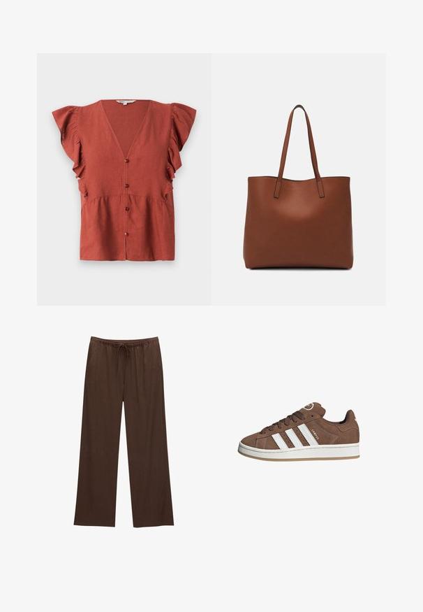 Blusa color ruggine realizzata in tessuto testurizzato, con scollatura a V, maniche arricciate e chiusura con bottoni sul davanti.; Pantaloni larghi marroni realizzati in tessuto morbido, con vita elastica e cordoncino, e due tasche laterali.; Sneakers in suede marrone con strisce in pelle bianca, suola in gomma, punta rotonda e lacci. Presentano un logo sulla linguetta e dettagli perforati.; Borsa tote in pelle marrone con texture liscia, design con apertura superiore e due spallacci. Presenta cuciture minime e nessun hardware visibile.