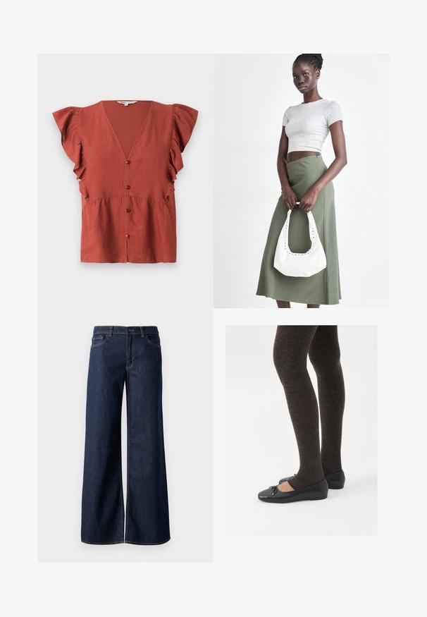 Rust-colored blouse made of textured fabric, featuring a V-neck, ruffled sleeves, and button closure down the front.; Wide-leg jeans in dark blue denim. Features contrast stitching, five pockets, and a button closure at the waist. Smooth texture.; Black flat shoes with a small bow detail at the toe, paired with dark brown ribbed tights. Shoes have a smooth texture and low profile.; Gray ribbed crop top and olive green high-waisted skirt. Model holds a white shoulder bag with cut-out detailing. Simple design, fitted silhouette.