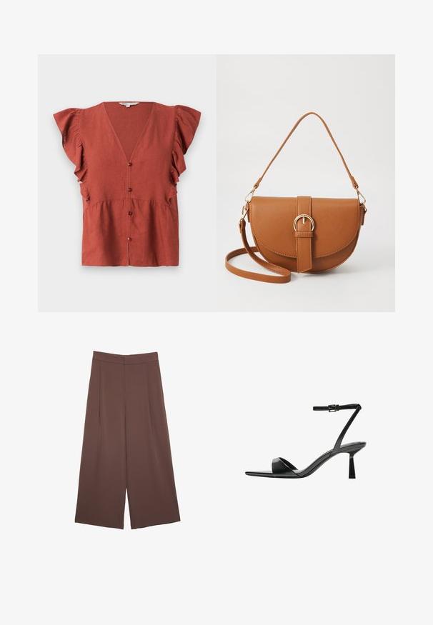 Rostfärgad blus i texturerad tyg, med V-ringning, volangärmar och knappstängning framtill.; Bruna vida byxor med en slät textur, som har hög midja och framfickor. Tyget är lätt och flödar löst.; Bershka Sandaletter - black; Brun läder crossbody-väska med en böjd form, gyllene detaljer och en spänneaccent. Har en avtagbar axelrem.