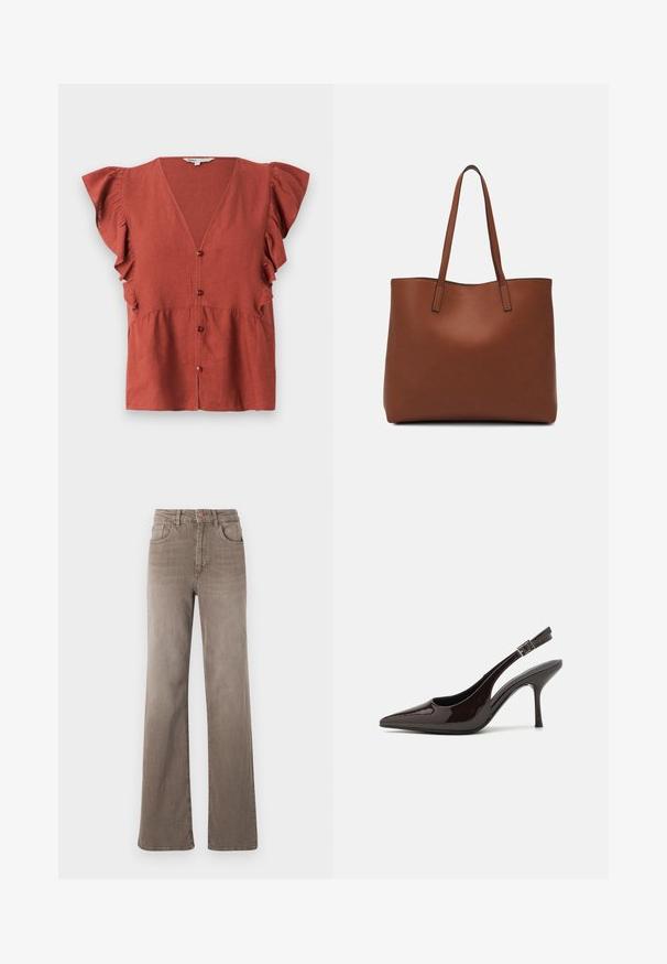 Rostfarbige Bluse aus strukturiertem Stoff, mit V-Ausschnitt, Rüschensäumen und Knopfverschluss an der Vorderseite.; Braune hoch taillierte Straight-Leg-Jeans mit vorderem Knopf, Gürtelschlaufen und klassischem Fünf-Taschen-Design auf weißem Hintergrund.; Slingback-Pumps aus glänzendem dunklen braunen Lackleder, mit spitzer Zehenpartie, offenen Seiten und verstellbarem Knöchelriemen.; Braune Leder-Tote mit glatter Textur, offenem Oberteil und zwei Schulterriemen. Verfügt über minimale Nähte und keine sichtbaren Beschläge.