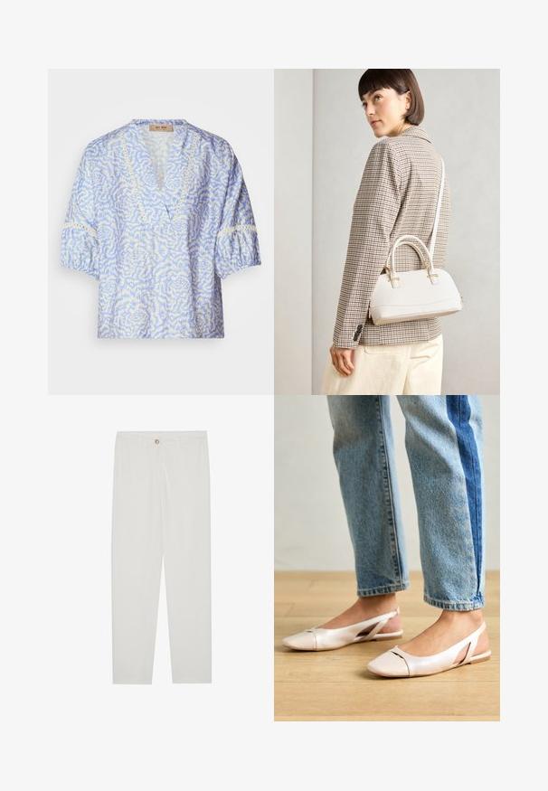 Zila un balta ziedu raksta blūze ar V veida kakla izgriezumu, īsām pūkainām piedurknēm un mežģīņu detaļām. Izgatavota no viegla auduma.; Baltas, pielāgots bikses ar taisnu kāju dizainu, ar pogu aizdari, jostu cilpām un sānu kabatām; gluda auduma tekstūra.; Bālti rozā siksniņu dzīvokļi ar smailu purngalu, izgatavoti no gludas ādas līdzīgās materiāla. Iezīmē izgriezumu detaļas sānos un platu papēdi.; Balta strukturēta roku soma ar īsām rokturiem un plecu siksnu, ar zelta aparatūras akcentiem un strukturētu materiālu, izstādīta uz pelēka fona.