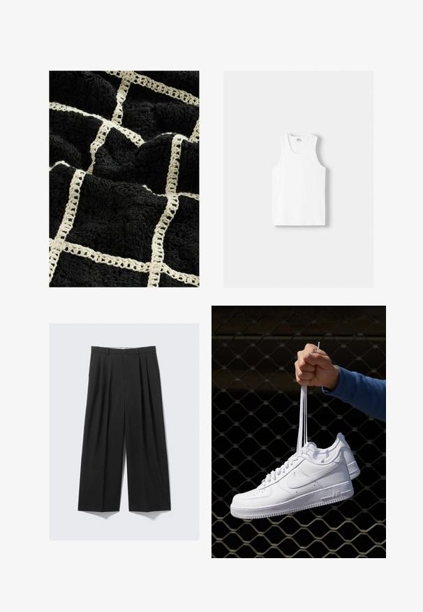 Čierna textúrovaná deka s tkaným krémovým mriežkovým vzorom, so zvýšenými kvetinovými motívmi a jemným, plyšovým povrchom.; Biely bavlnený tielko s okrúhlym výstrihom, širokými ramennými popruhmi a rovnom spodným lemom, ktoré má hladkú textúru a žiadne viditeľné vzory.; Čierne široké nohavice s skladmi, gombíkovým zapínaním a pútkami na opasok, vystavené na neutrálnom pozadí.; Biele kožené tenisky s perforáciami, okrúhlou špičkou, plochou podrážkou a hrubými šnúrkami, pričom majú viditeľné logo swoosh a nápis "AIR" na päte.