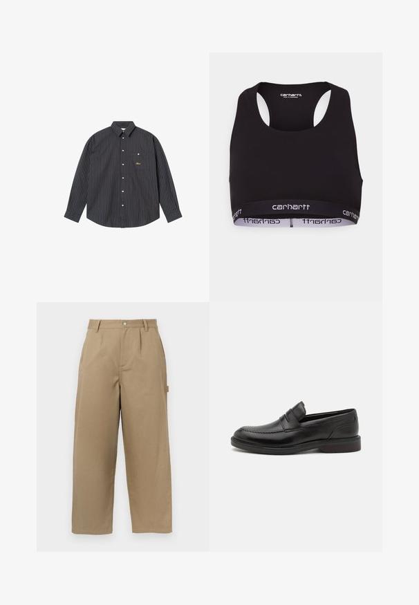 Tummansininen pitkähihaine paita, jossa on ohuita pystysuoria raitoja vaaleansinisellä ja oranssilla, nappikaulus, yksi rintatasku ja kirjailtu logo.; Musta urheiluliivi, jossa on pyöreä pääntie ja urheilusatula-mallinen selkäosa. Varustettu vahvistetulla vyötäröllä, jossa on valkoinen "carhartt"-brändäys. Pehmeä kangas.; Beige leveletunhousut, jotka on valmistettu puuvillasekoitteesta, joissa on korkea vyötärö, etupleatit ja kaksi sivutaskua nappisulkimella.; Musta nahka loaferi, jossa on ommeltu varvaspinta, kaksinkertaiset vaakasuorat hihnat päällekkäin ja puinen korko. Sileä pinta ja pyöristetty muoto.
